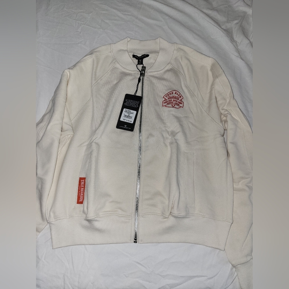 True Religion Cream Bomber Jacket with Red Accents